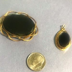 Antique Vtg 2 pcs Black Onyx/Jet (?) Brooch & Pendant